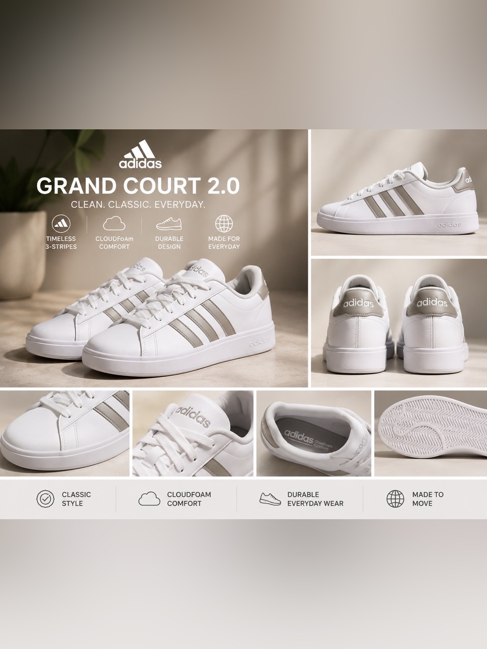 adidas Grand Court 2.0 Sneakers - White with Metallic Taupe Stripes